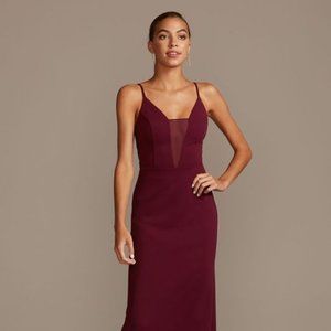 Skinny Strap Illusion Deep-V Stretch Crepe David's Bridal Dress in Merlot